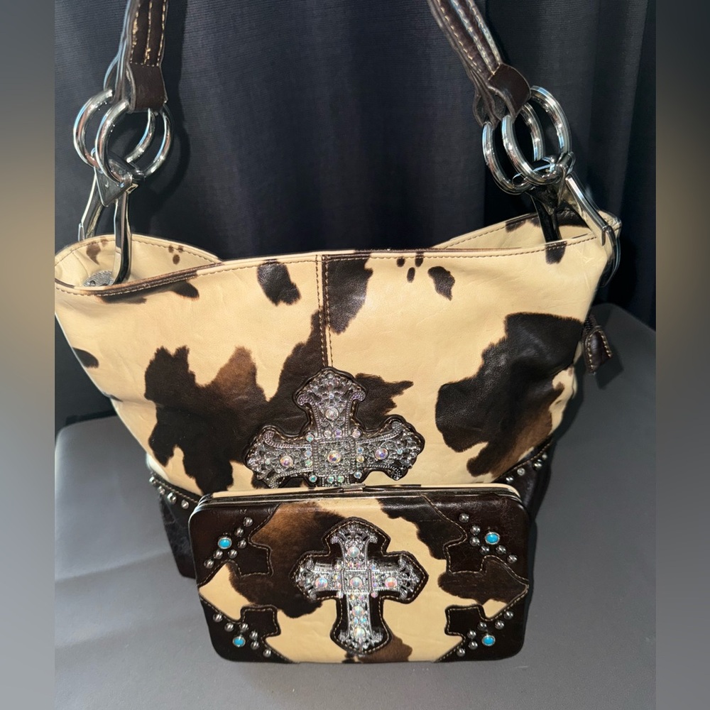 Montana West Cowhide Cross Shoulder Bag - Brown and Cream